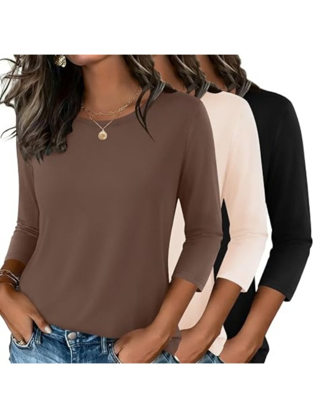 Womens 3 Pack Three Quarter Sleeve Tops Casual Stretch Crew Neck Shirts